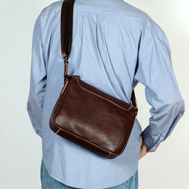 Vintage Vegetable Tanned Leather Zipper Shoulder Bag - Scraften