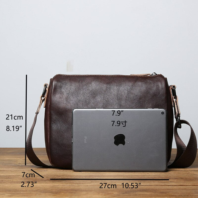 Vintage Vegetable Tanned Leather Zipper Shoulder Bag - Scraften