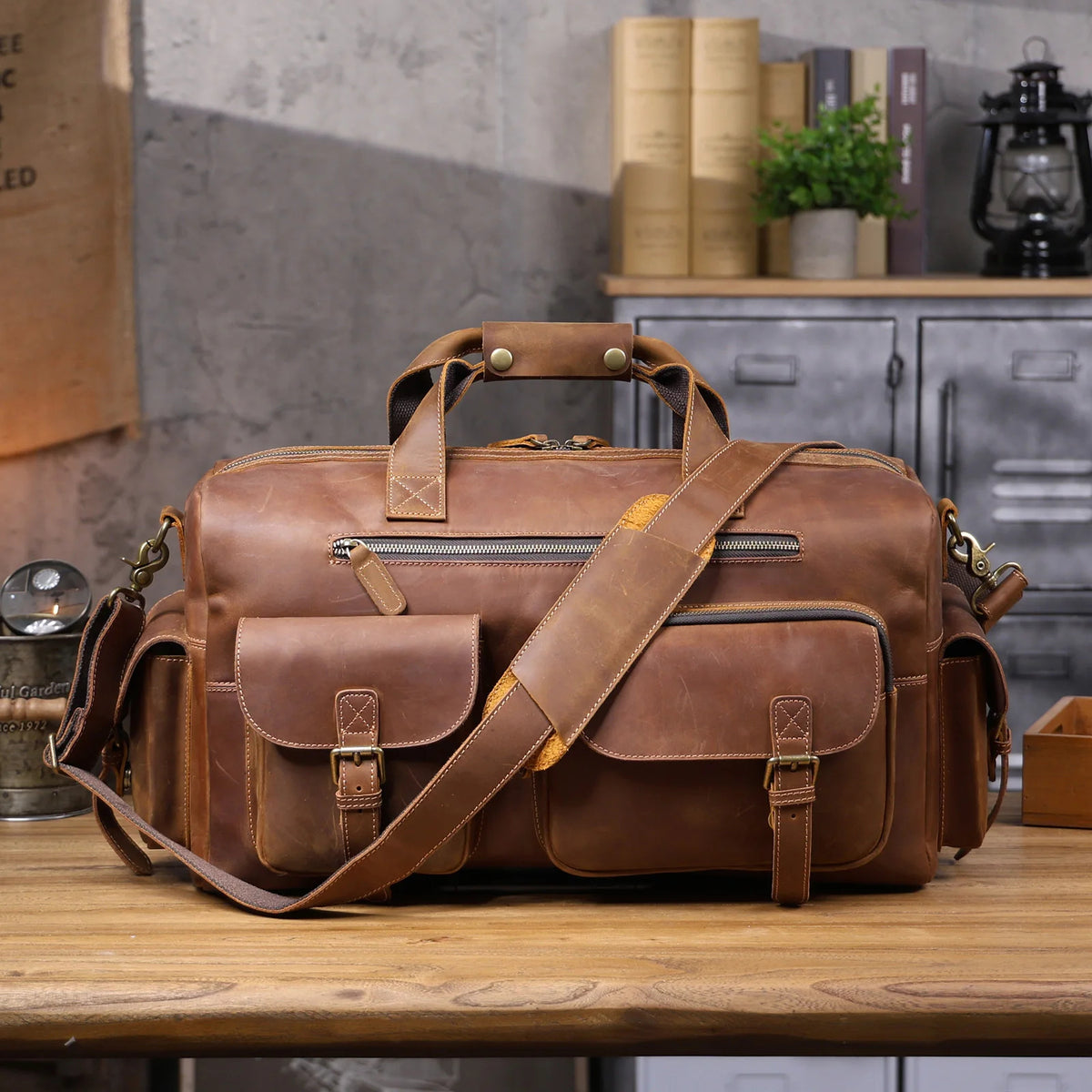 Vintage Full Grain Cowhide Leather Duffle Bag – Men's Multi-Pocket Travel Weekender