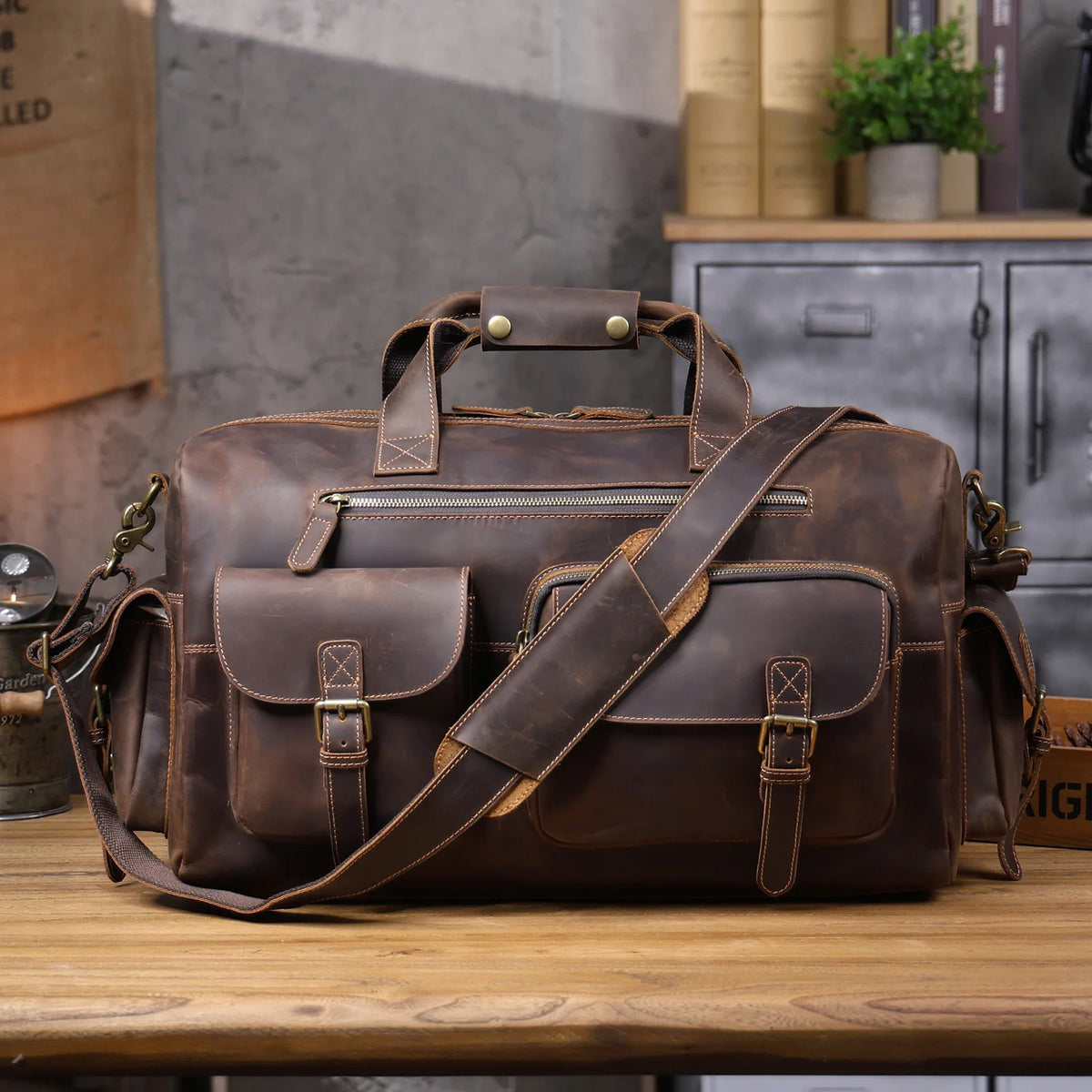 Vintage Full Grain Cowhide Leather Duffle Bag – Men's Multi-Pocket Travel Weekender