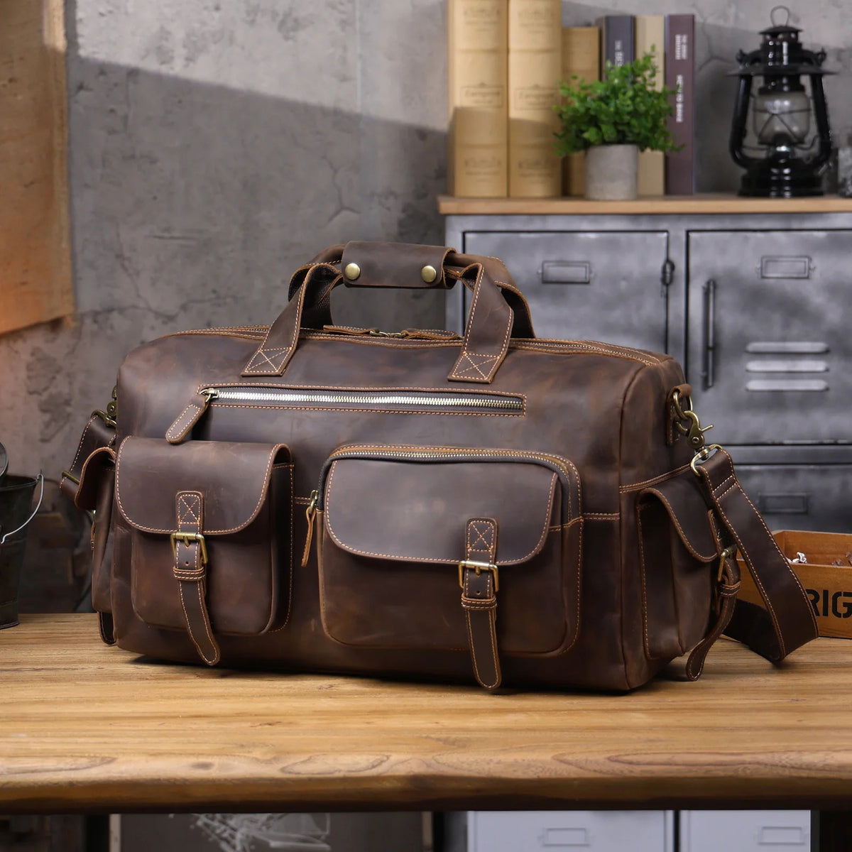 Vintage Full Grain Cowhide Leather Duffle Bag – Men's Multi-Pocket Travel Weekender