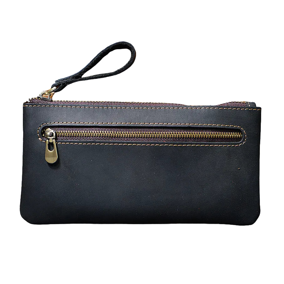 Black leather wallet with gold zipper on a white background