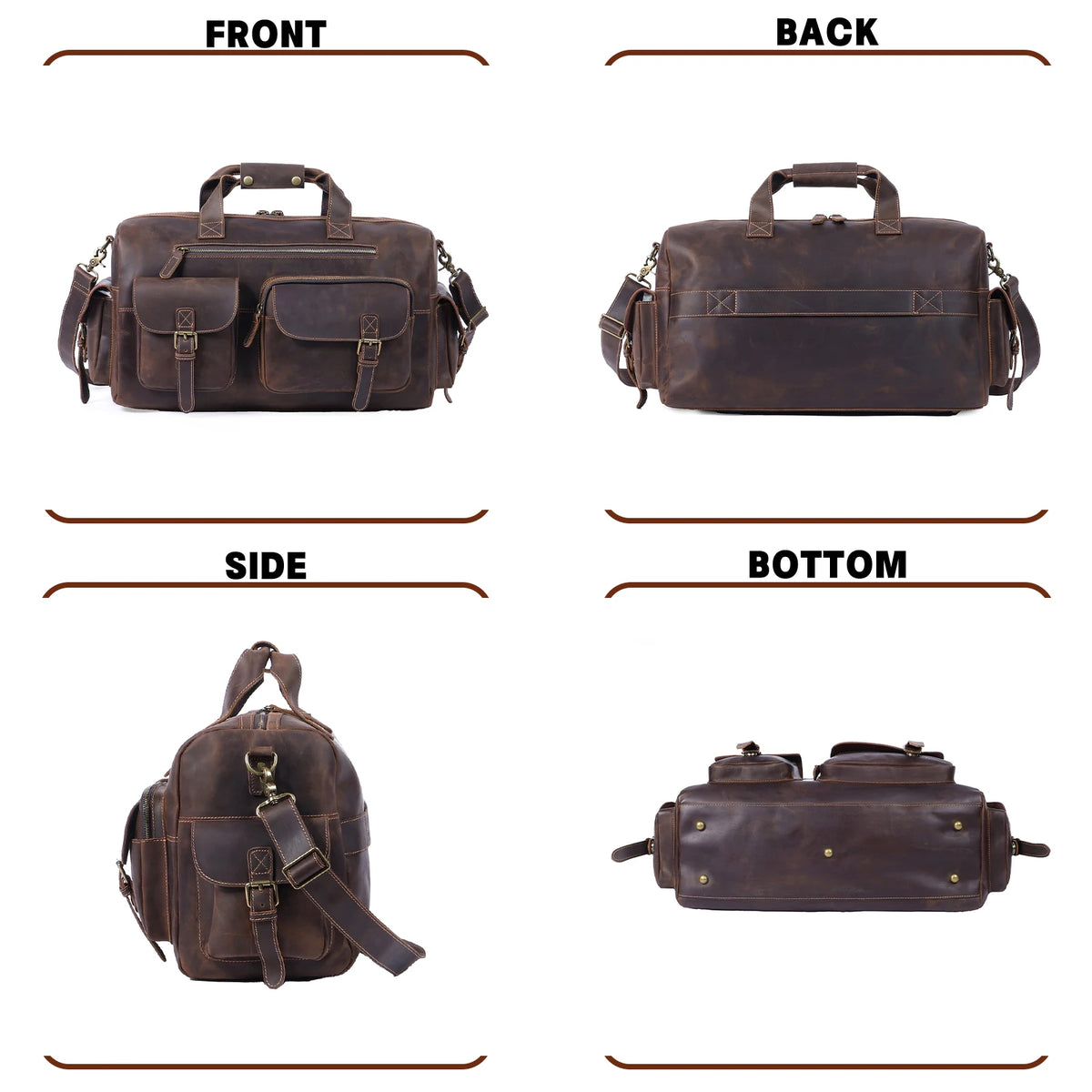 Vintage Full Grain Cowhide Leather Duffle Bag – Men's Multi-Pocket Travel Weekender