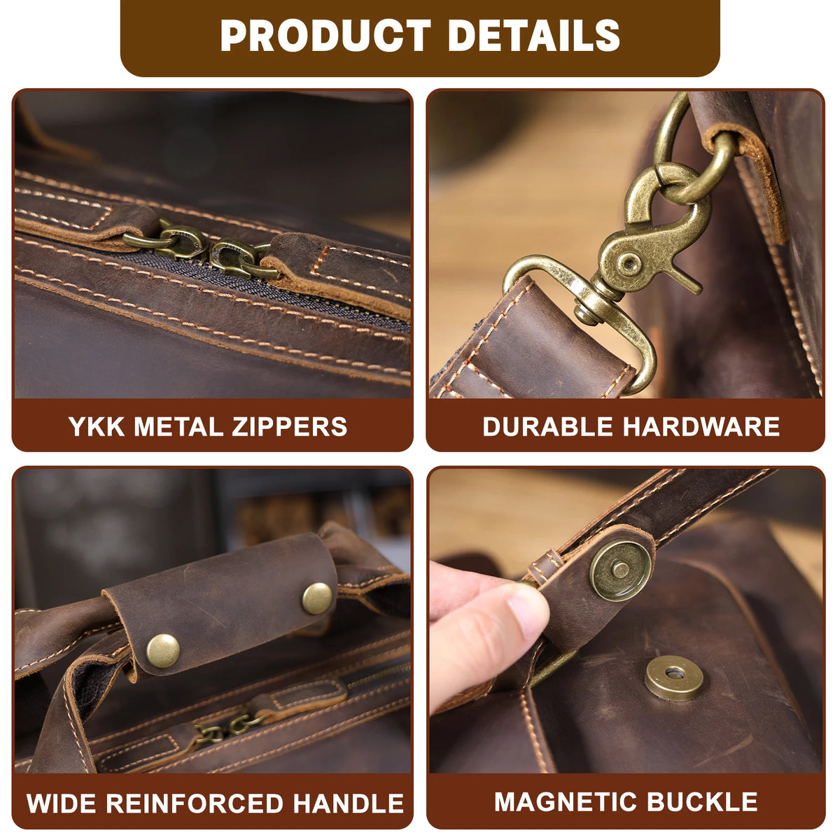 Vintage Full Grain Cowhide Leather Duffle Bag – Men's Multi-Pocket Travel Weekender