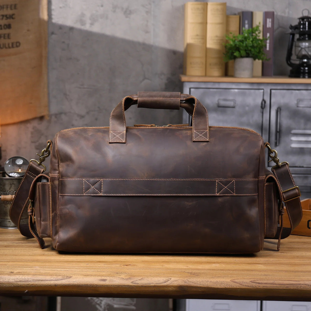 Vintage Full Grain Cowhide Leather Duffle Bag – Men's Multi-Pocket Travel Weekender