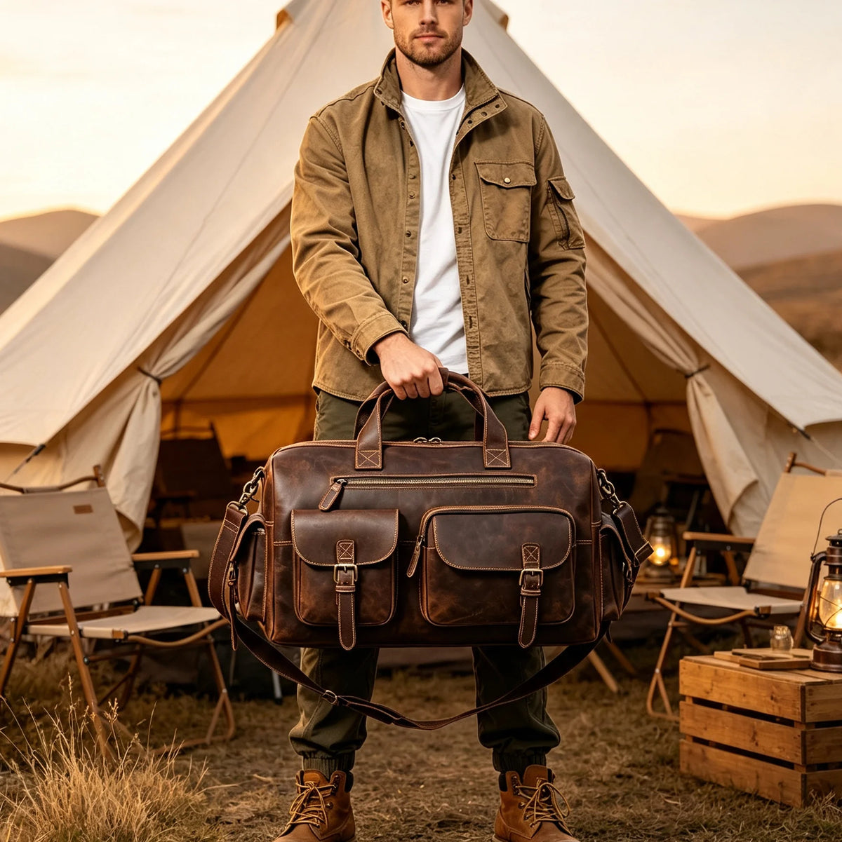 Vintage Full Grain Cowhide Leather Duffle Bag – Men's Multi-Pocket Travel Weekender