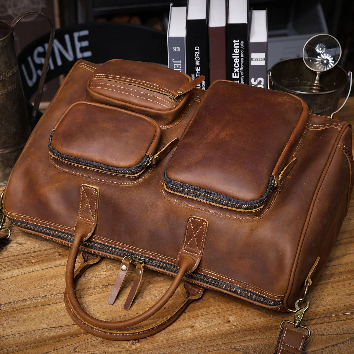 Men's Full Grain Leather Laptop Briefcase For Work