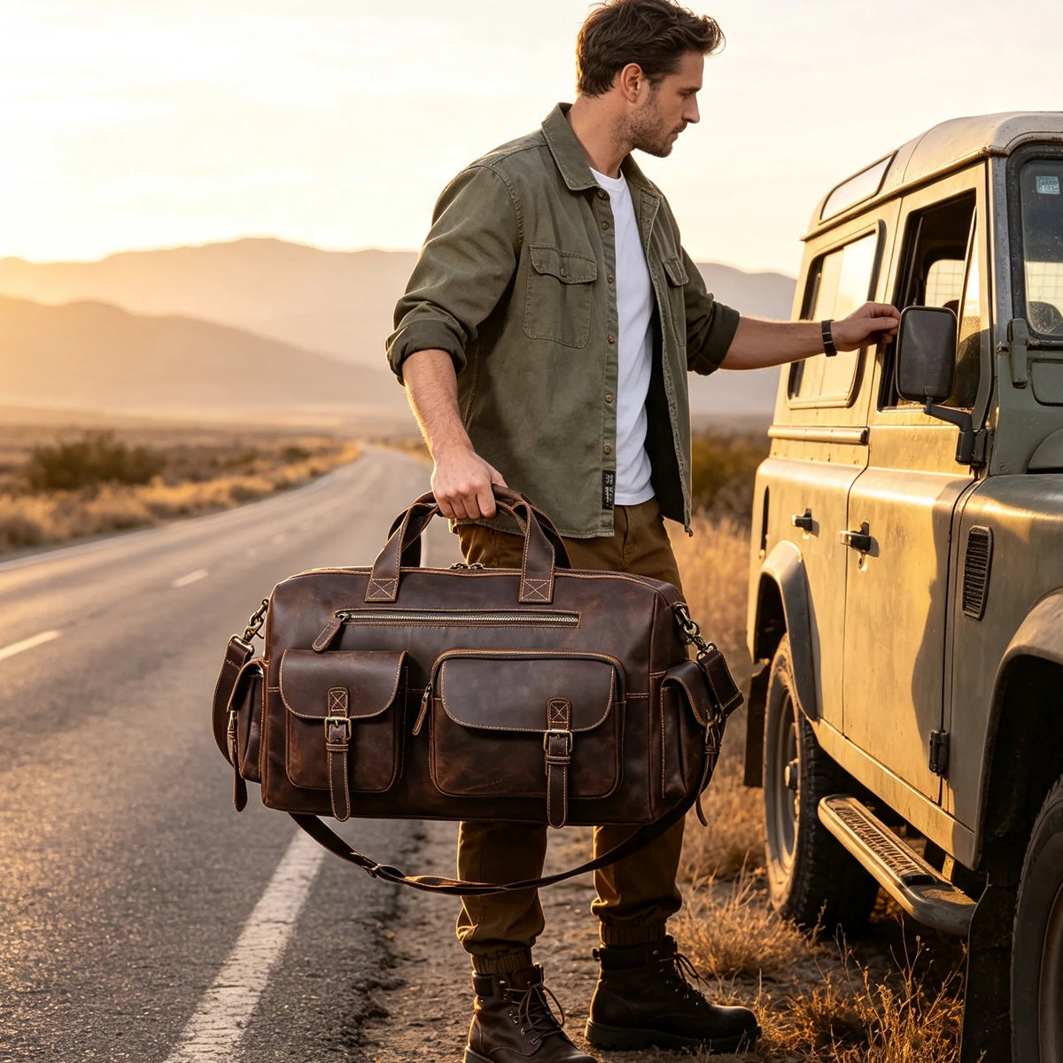 Vintage Full Grain Cowhide Leather Duffle Bag – Men's Multi-Pocket Travel Weekender