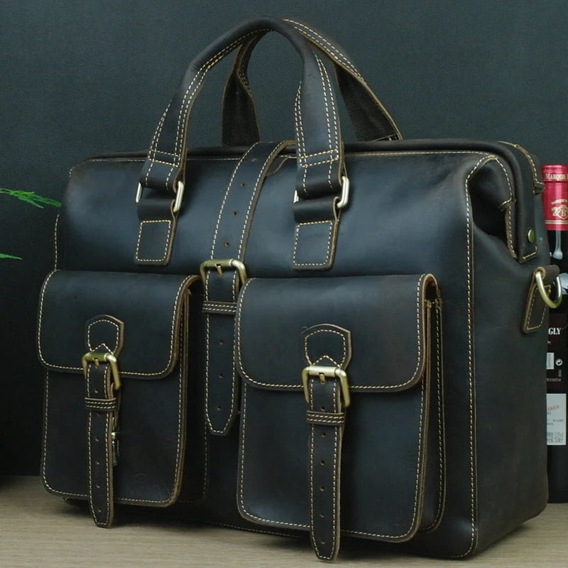 Men's Crazy Horse Leather Laptop Briefcase Messenger