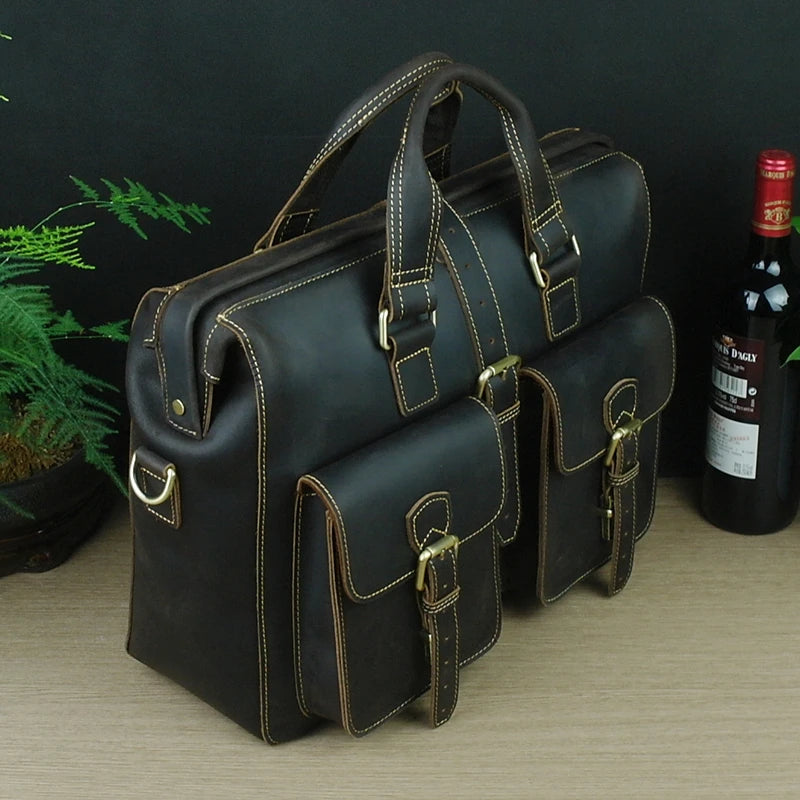 Men's Crazy Horse Leather Laptop Briefcase Messenger