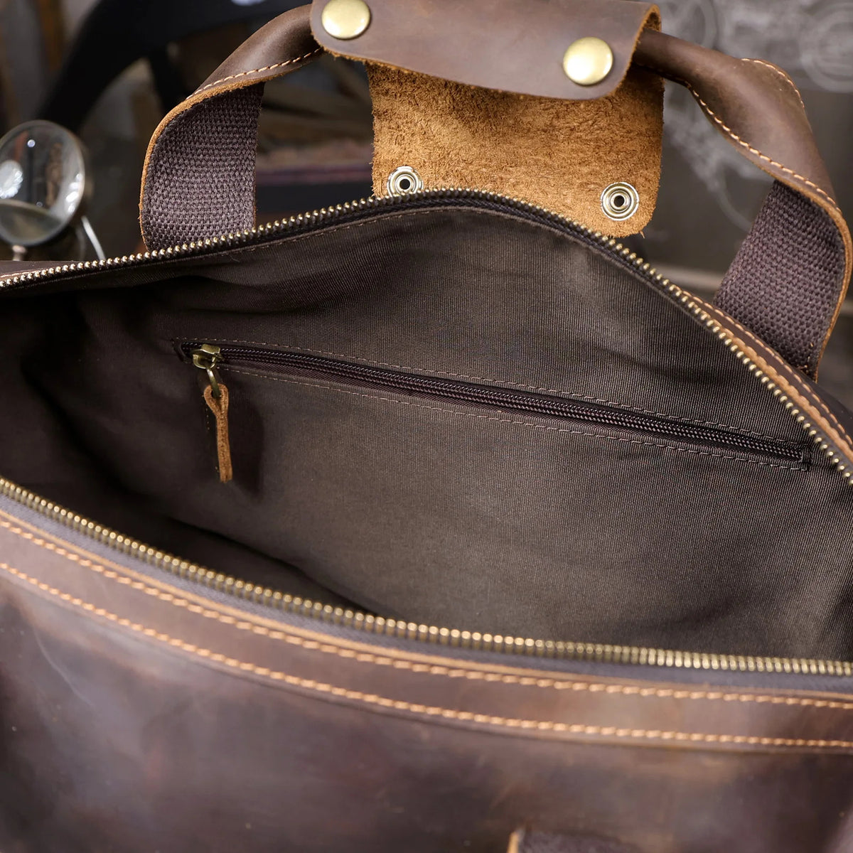 Vintage Full Grain Cowhide Leather Duffle Bag – Men's Multi-Pocket Travel Weekender