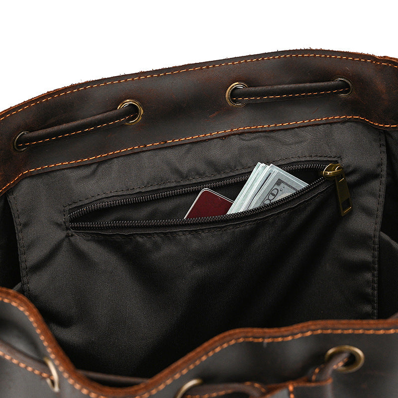 Retro Crazy Horse Leather Backpack – Large Capacity 16-Inch Cowhide Laptop & Travel Bag with Multi-Flap Pockets