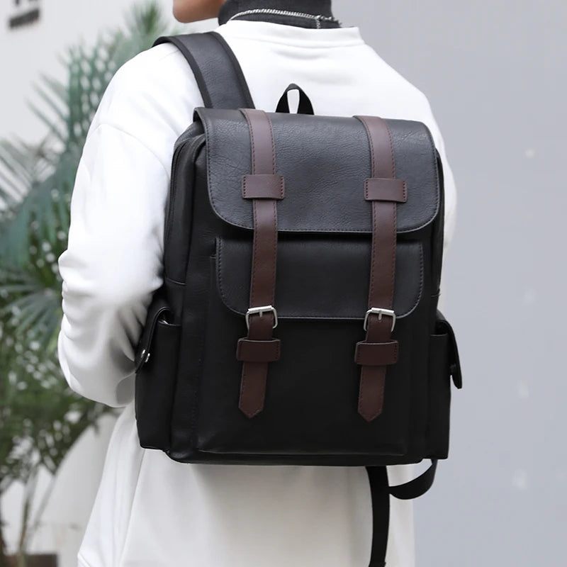 Stylish Men’s PU Leather Laptop Backpack – Large Capacity School & Travel Bag