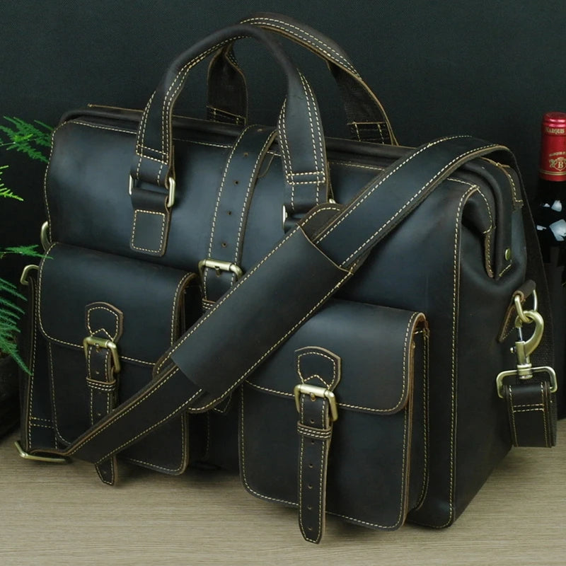 Men's Crazy Horse Leather Laptop Briefcase Messenger