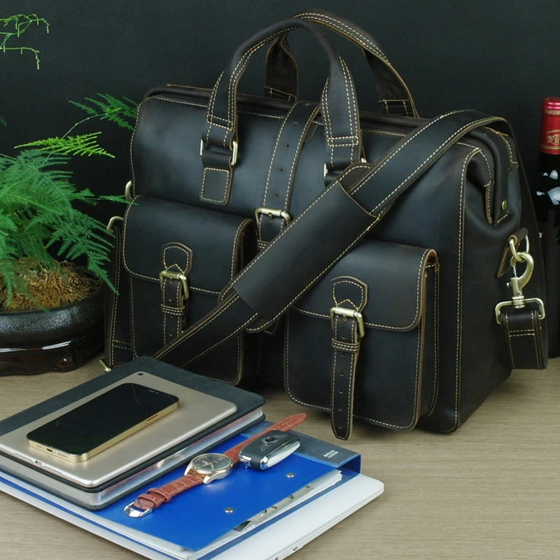 Men's Crazy Horse Leather Laptop Briefcase Messenger