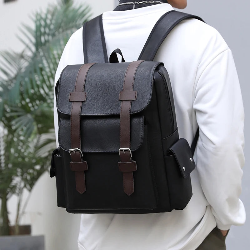 Stylish Men’s PU Leather Laptop Backpack – Large Capacity School & Travel Bag