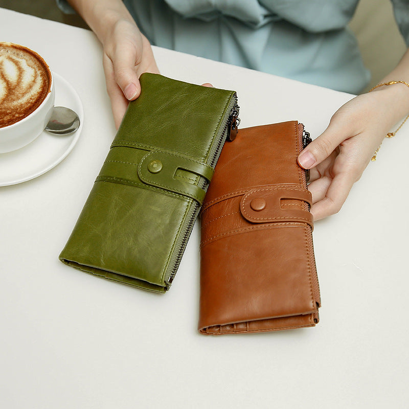 Women Genuine Cowhide Leather Clutch Wallet - Long Zipper Purse with Snap Button Closure