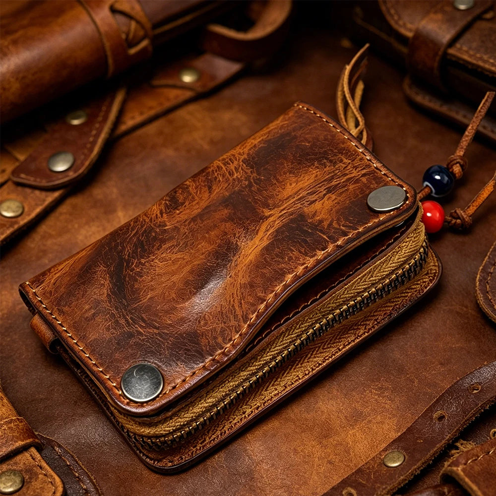 Genuine Leather Large Capacity Men Retro Wallet - Handmade Small Storage Bag