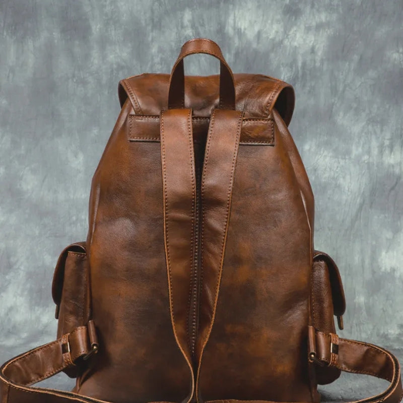 Geometric Pattern Genuine Leather Retro Backpack - Casual Soft Leather Hiking Bag