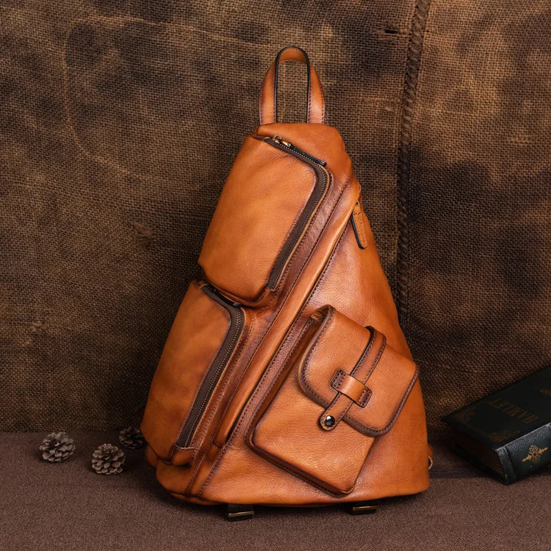 Genuine Leather Rucksack Travel Casual Retro Bag - Men Real Cowhide Zipper Backpacks