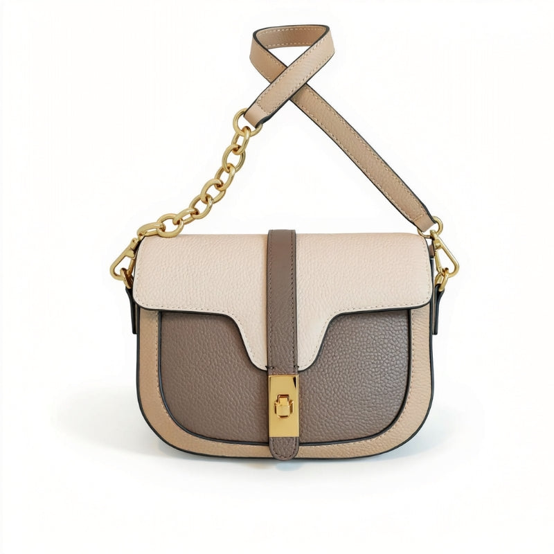 Two-tone handbag with beige and brown design on a white background
