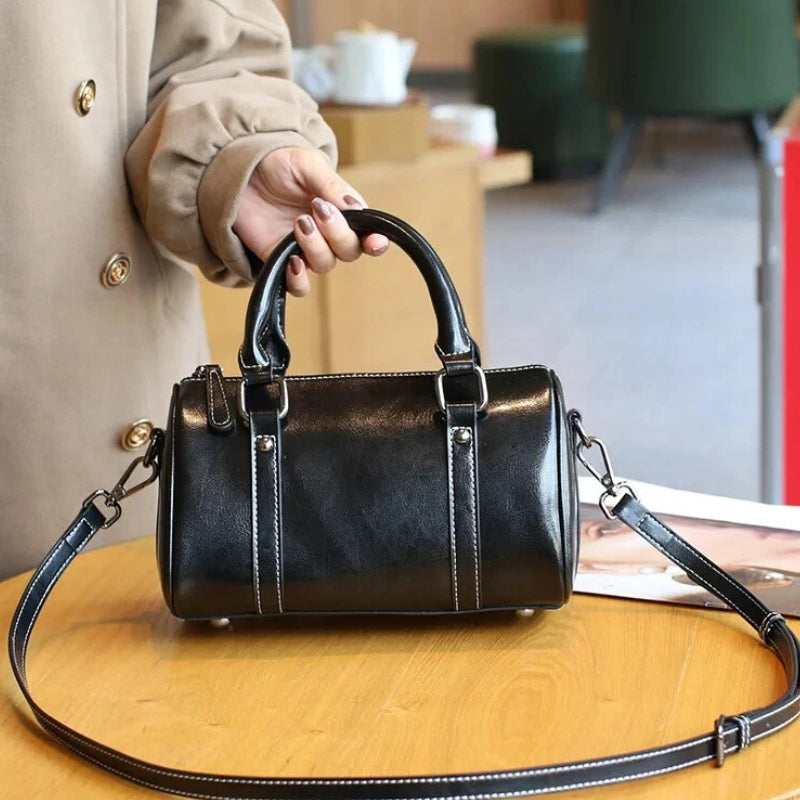 Cortex Lady Casual Zip Crossbody Bag - Top Grain Leather Cylinder Bag