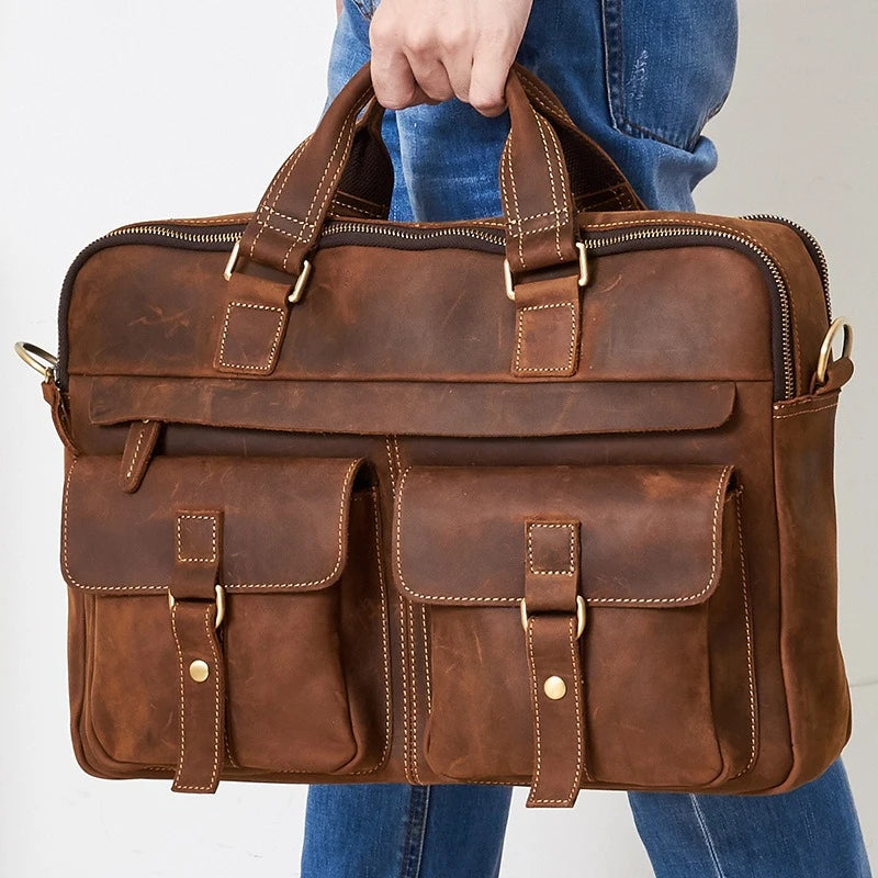 17 Inch Genuine Leather Men Briefcase - Vintage Stylish Zipper Handbag