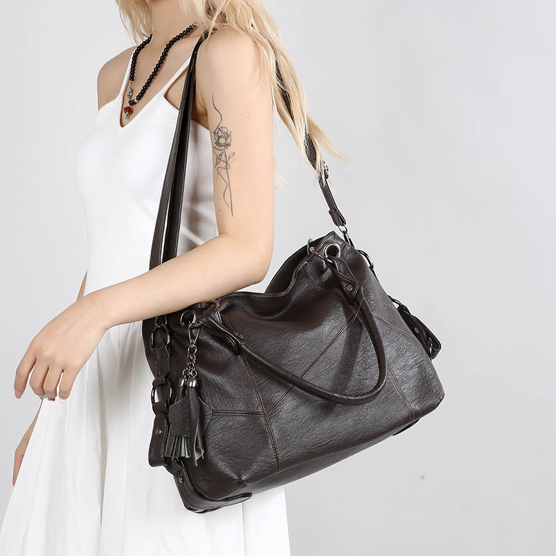 Large Capacity Soft Leather Stitching Handbag - American Retro Square Bag