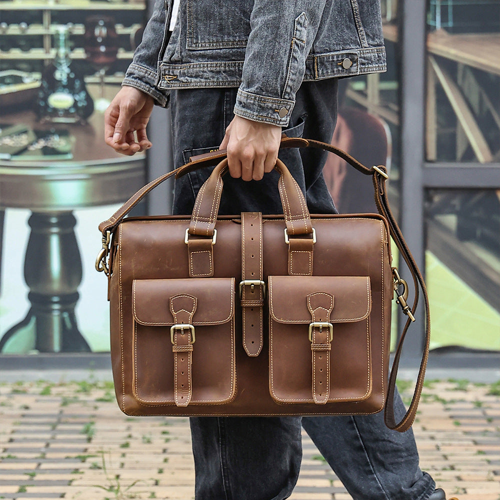 Genuine Leather Business Handbag - Large Storage First Layer Cowhide Bag
