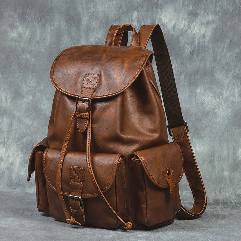 Geometric Pattern Genuine Leather Retro Backpack - Casual Soft Leather Hiking Bag