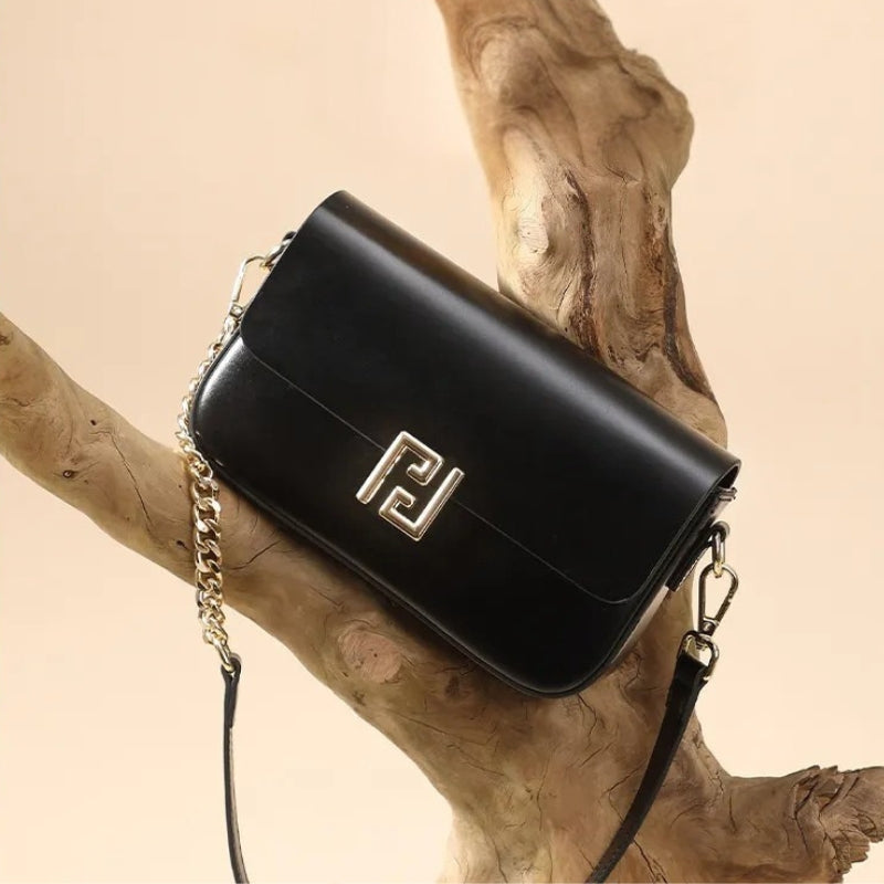 Genuine Leather Chain Flap Shoulder Bag - Cowhide Leather Lock Clasp Purse