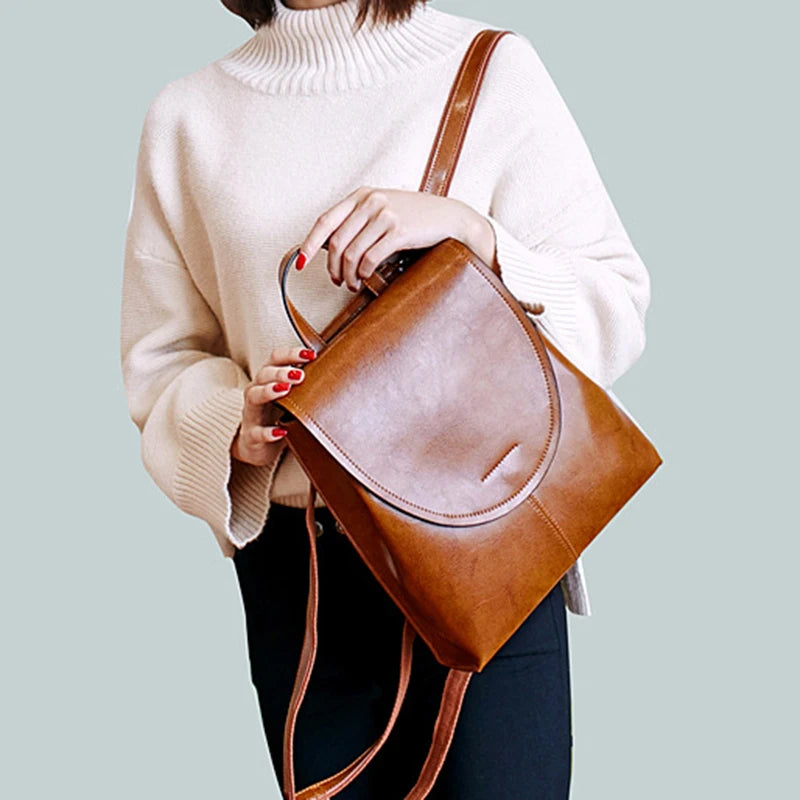 Oil Wax Cowhide Leather Backpack - Rucksack Knapsack CrossBody Bags