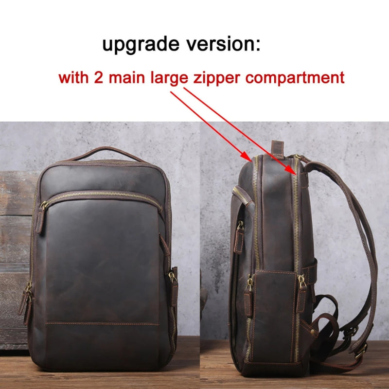 Brown leather backpack with two large zipper compartments on a wooden surface.