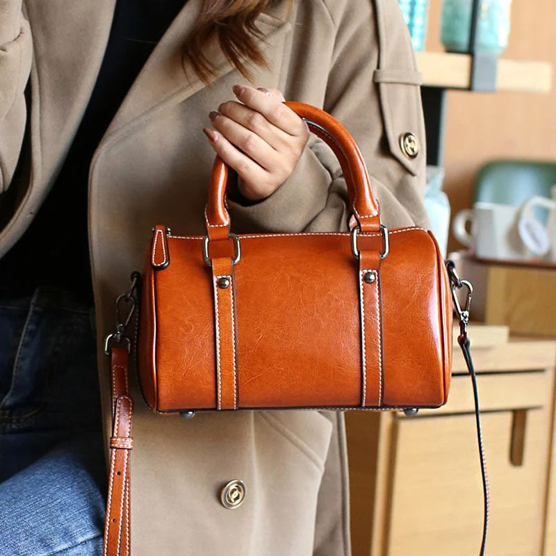 Cortex Lady Casual Zip Crossbody Bag - Top Grain Leather Cylinder Bag