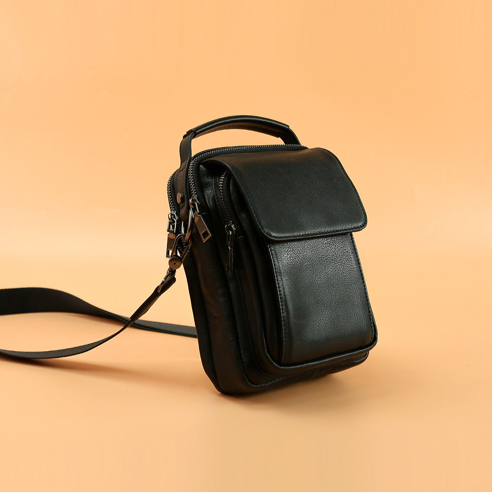 Men’s Genuine Cowhide Leather Messenger Bag – Vintage Black Crossbody Shoulder Bags