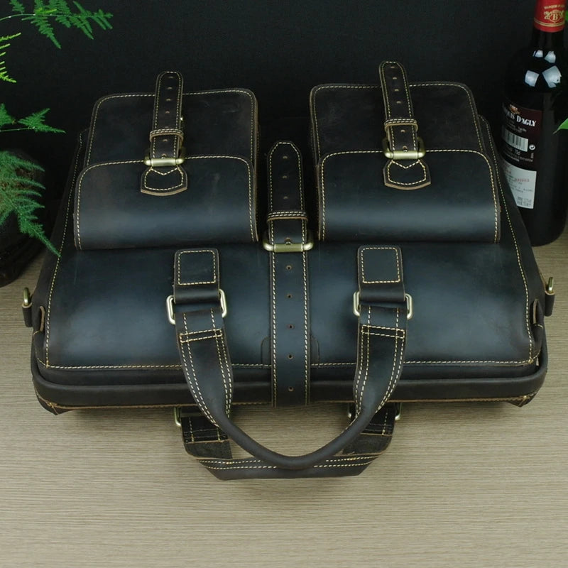 Men's Crazy Horse Leather Laptop Briefcase Messenger