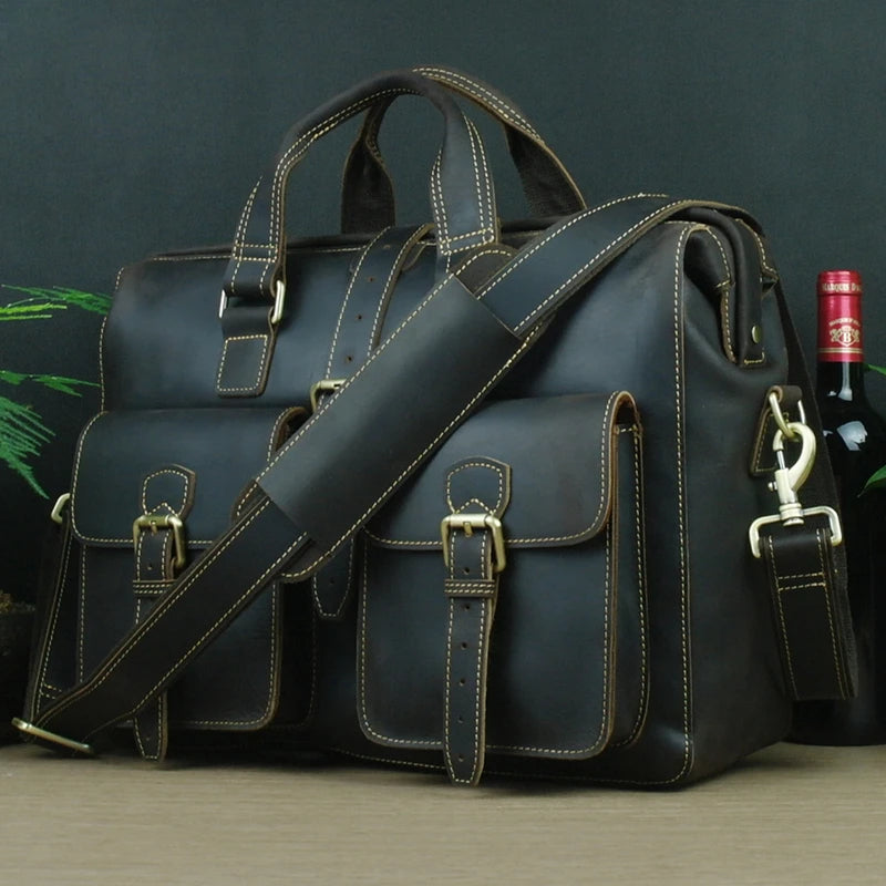 Men's Crazy Horse Leather Laptop Briefcase Messenger