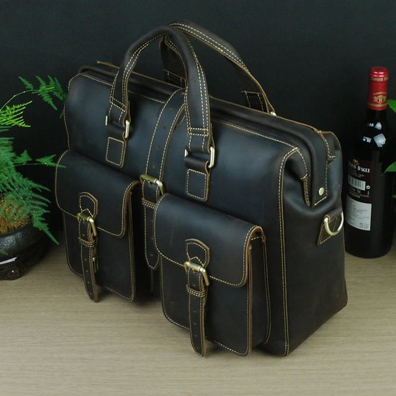 Men's Crazy Horse Leather Laptop Briefcase Messenger