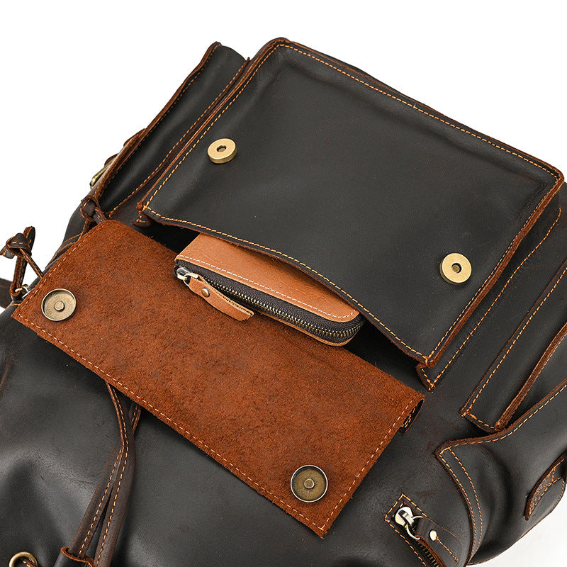 Retro Crazy Horse Leather Backpack – Large Capacity 16-Inch Cowhide Laptop & Travel Bag with Multi-Flap Pockets