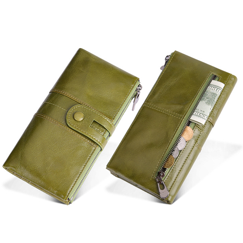 Women Genuine Cowhide Leather Clutch Wallet - Long Zipper Purse with Snap Button Closure