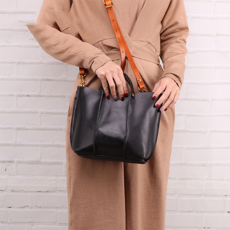 Premium Cowhide Leather Shoulder Tote Bag - Modern Bucket Style Shoulder Bags