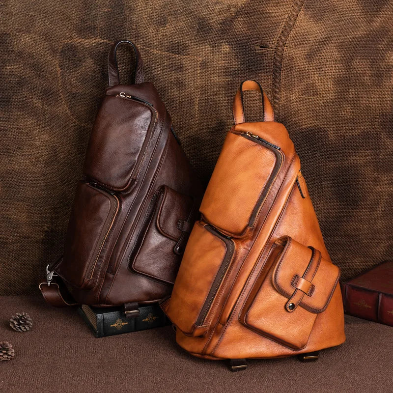 Genuine Leather Rucksack Travel Casual Retro Bag - Men Real Cowhide Zipper Backpacks