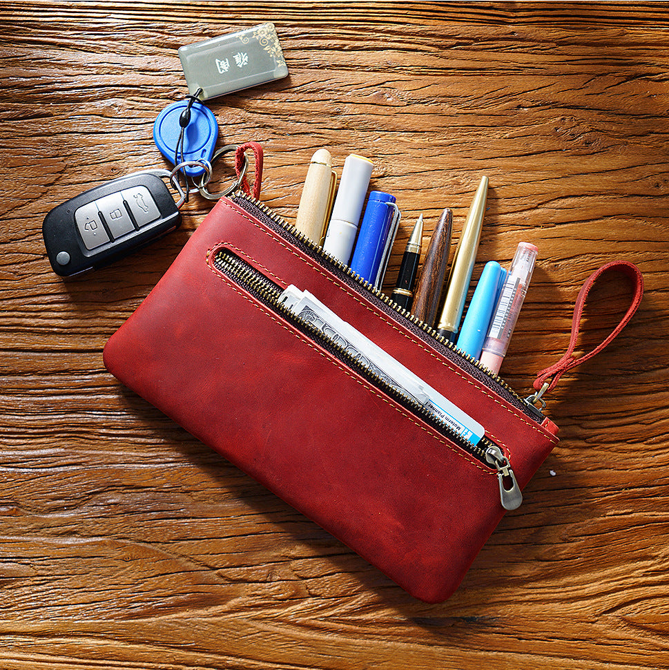 Retro Crazy Horse Leather Pencil Case - Creative Portable Hand Grip Buggy Bag