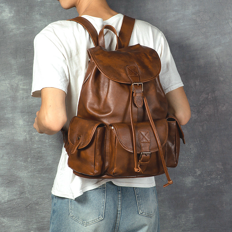 Geometric Pattern Genuine Leather Retro Backpack - Casual Soft Leather Hiking Bag