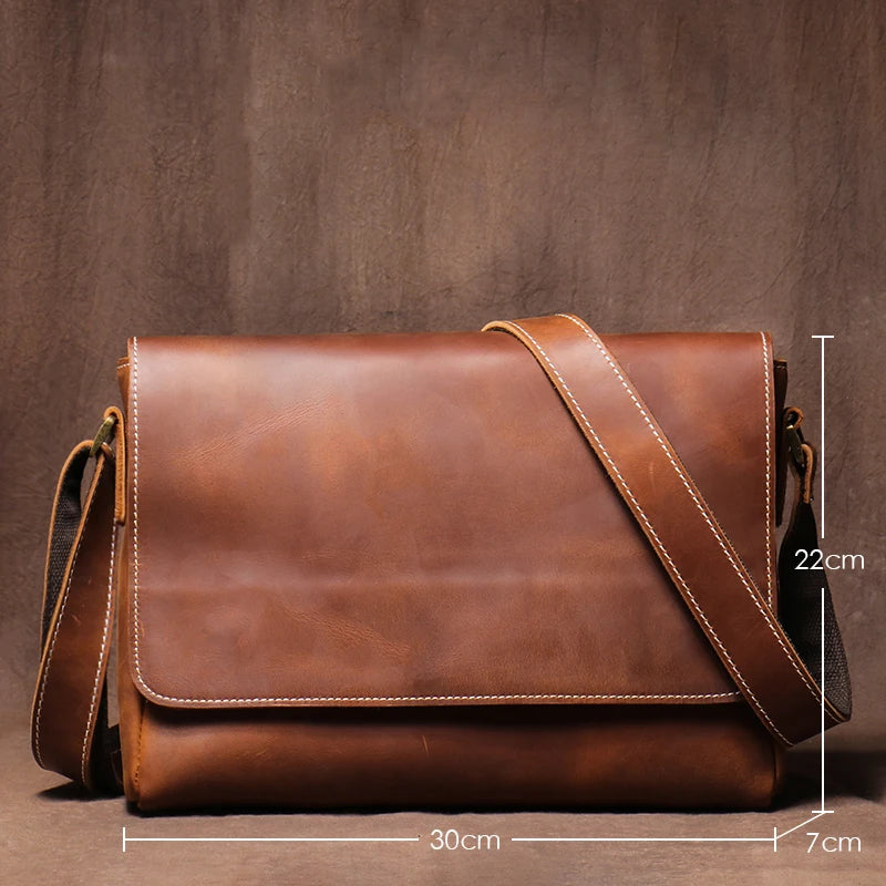 Crazy Horse Leather Messenger Bag - Men's Vintage Flap Crossbody Bags
