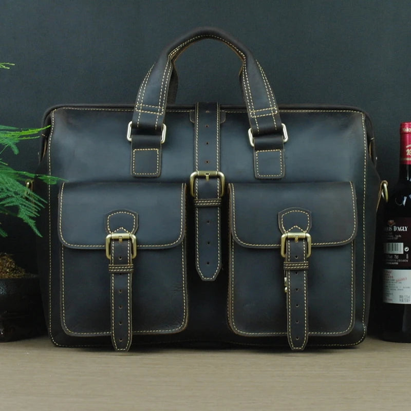 Men's Crazy Horse Leather Laptop Briefcase Messenger
