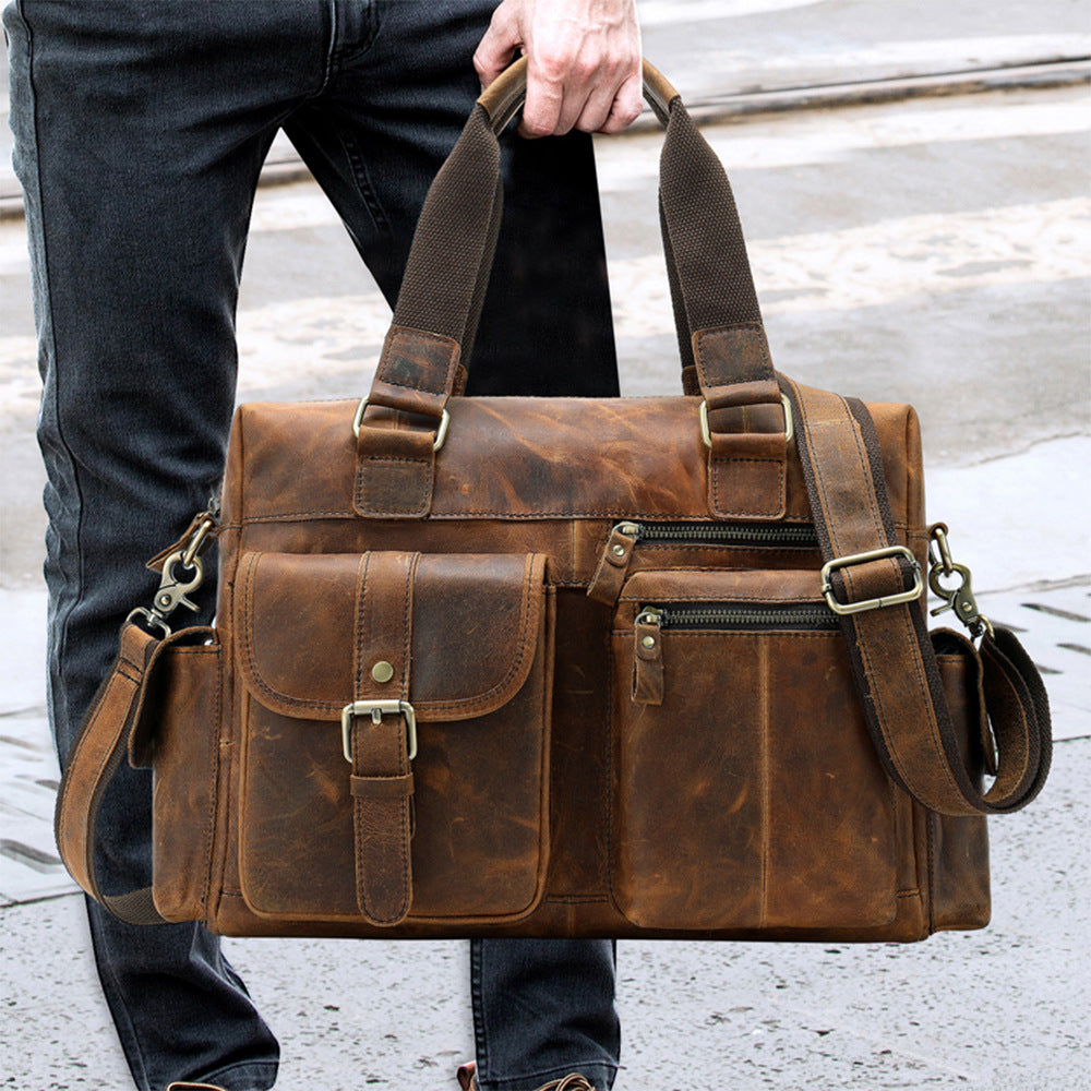 Horizontal Outdoor Business Hand Bag -  First Layer Cowhide Leather Travel Luggage