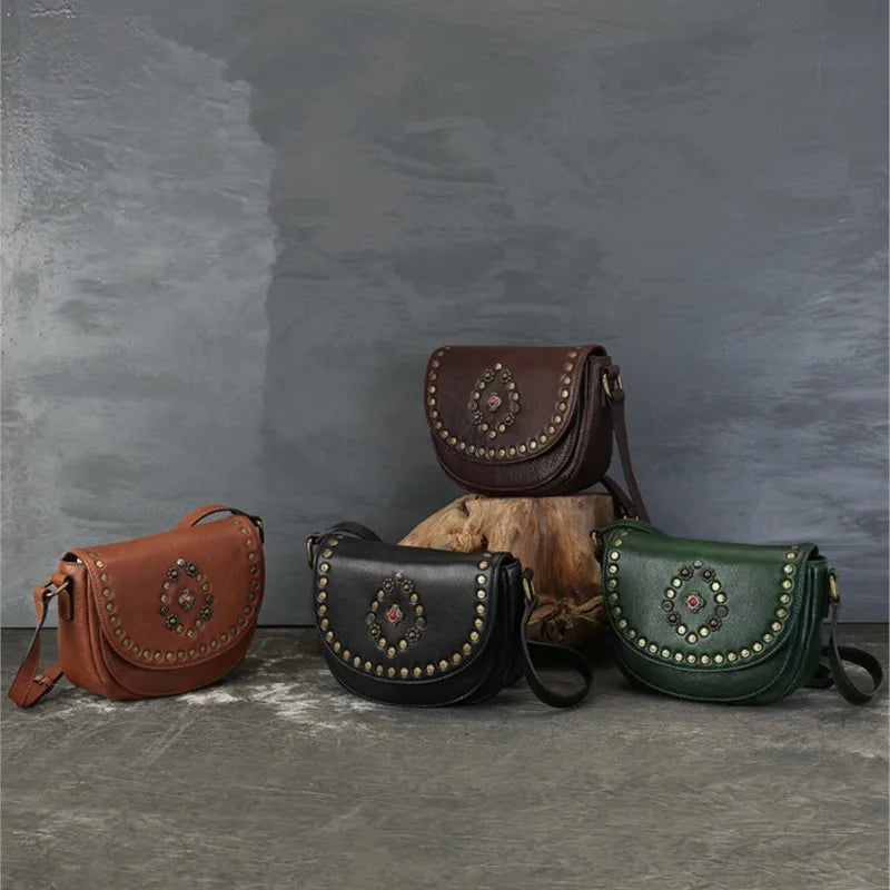 Genuine Leather Women's Saddle Bag - Retro Handmade Rivet Crossbody Bags