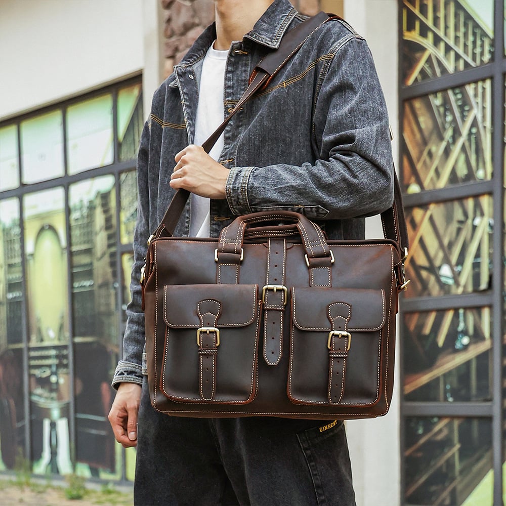 Genuine Leather Business Handbag - Large Storage First Layer Cowhide Bag