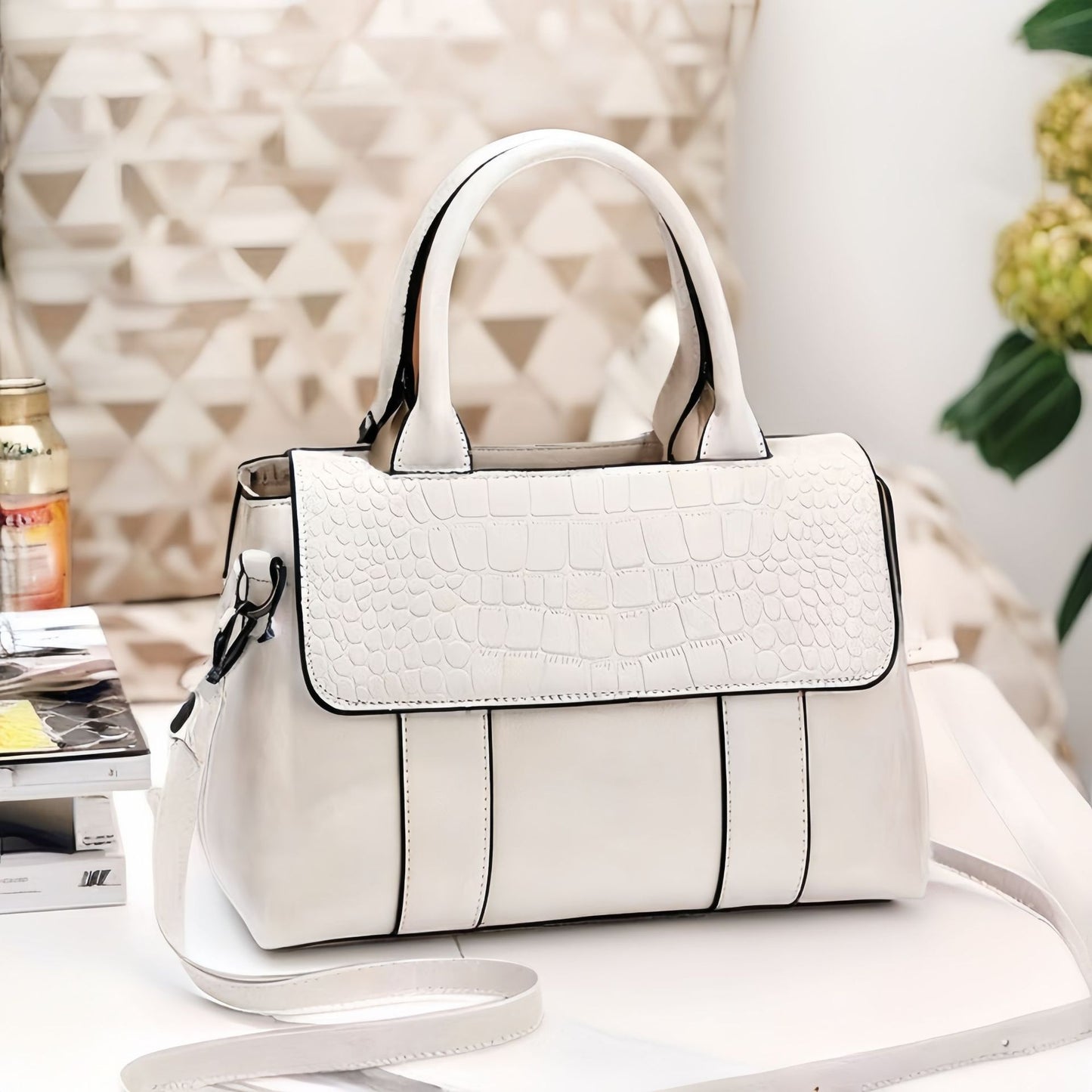 Women's Crossbody Shoulder Bag - Crocodile Pattern Sandwich Zipper Bag